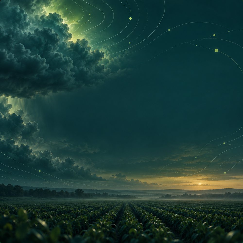 Farmland under a dramatic sky with weather-forecast data lines